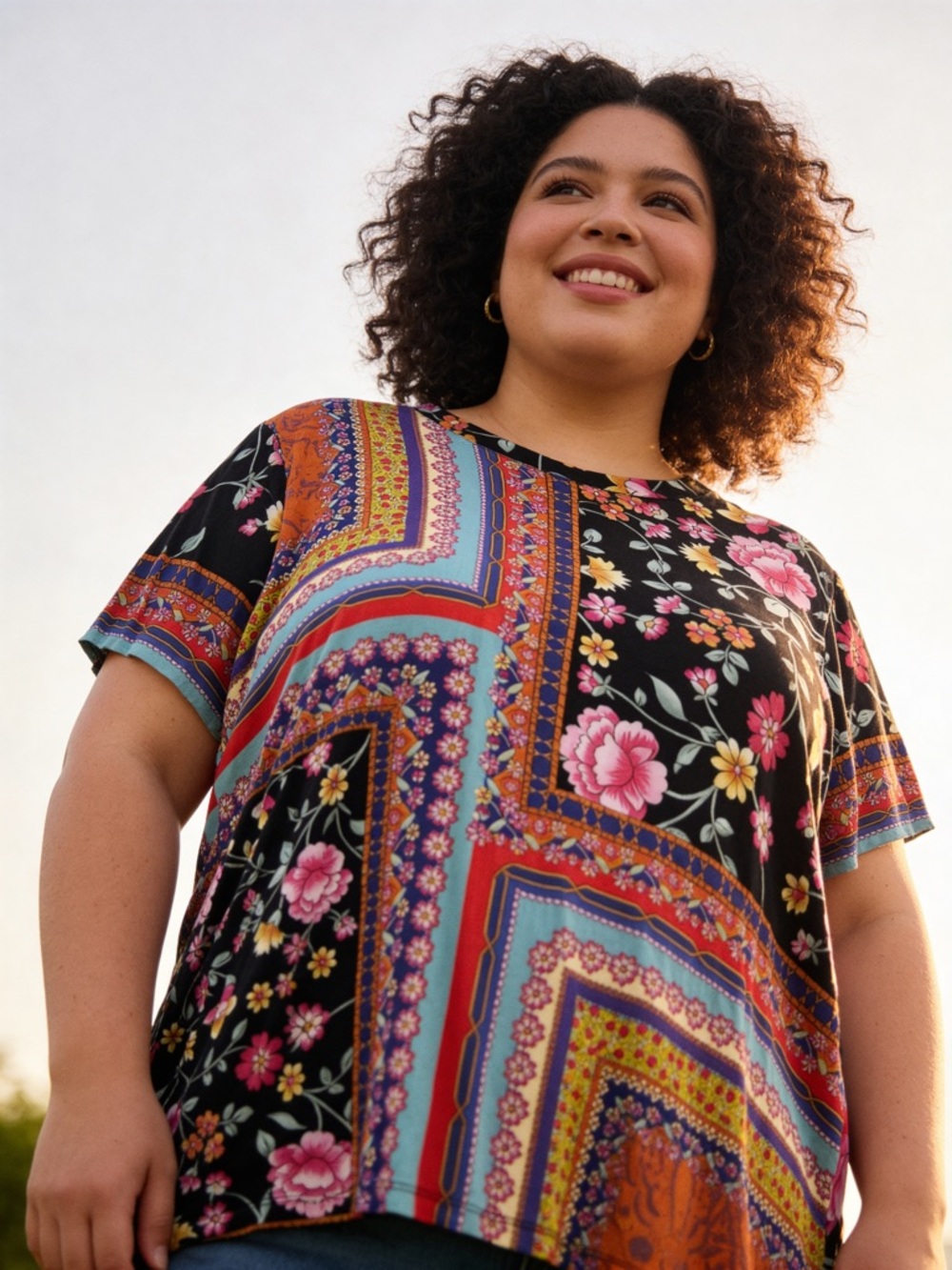 Johnny Was Black Multi Floral Patchwork Short Sleeve Tee - Vibrant Mix